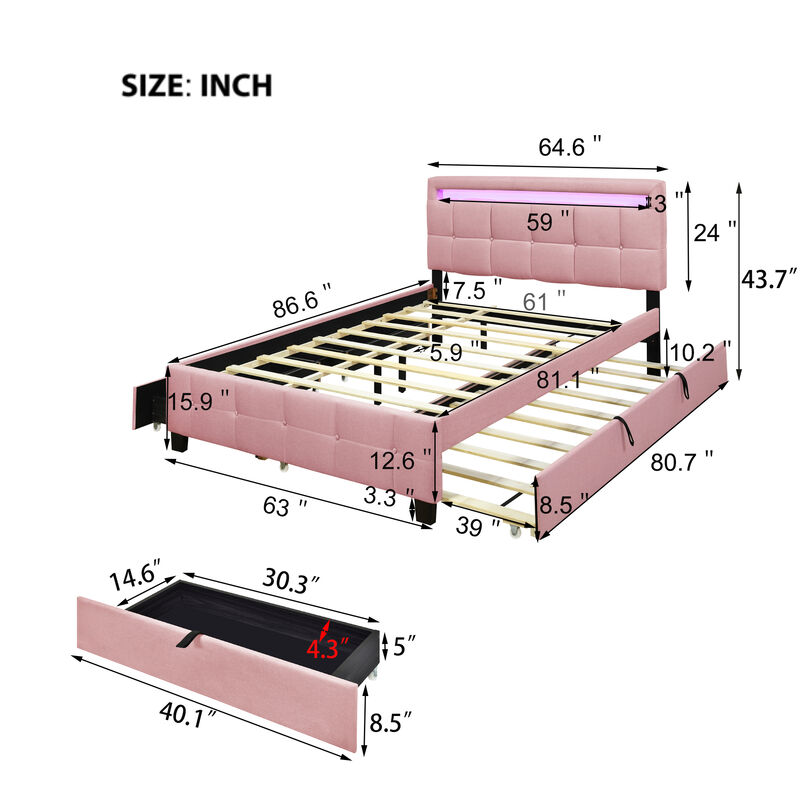 Upholstered Queen Platform Bed with LED Frame & Trundle