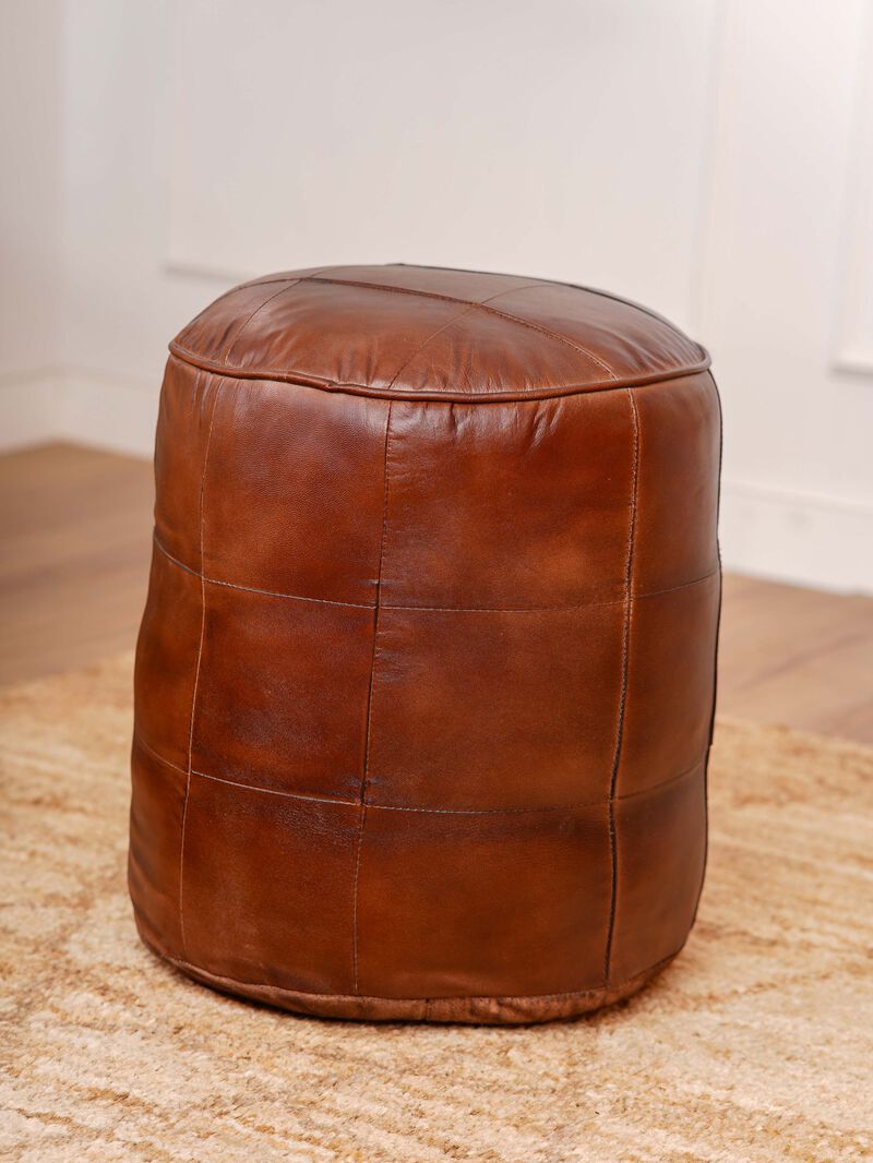 Geometric Handmade Leather Round Pouf 16"x16"x16" (Recycled Foam with Fibre Fill) Cognac Color BBBACPF39 BBH Homes