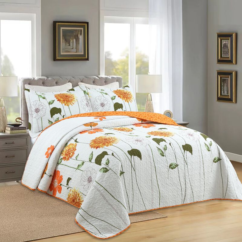 Marcielo 3 Piece 100% Cotton Printed Floral Reversible Quilt Bedspread Set