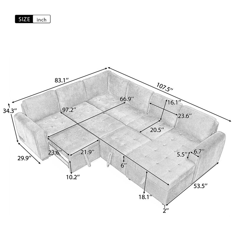 107.5" U-shaped Sofa Sectional Sofa Pull-out Sofa bed with a Storage Chaise Lounge, Charging Devices for Living Room, Gray