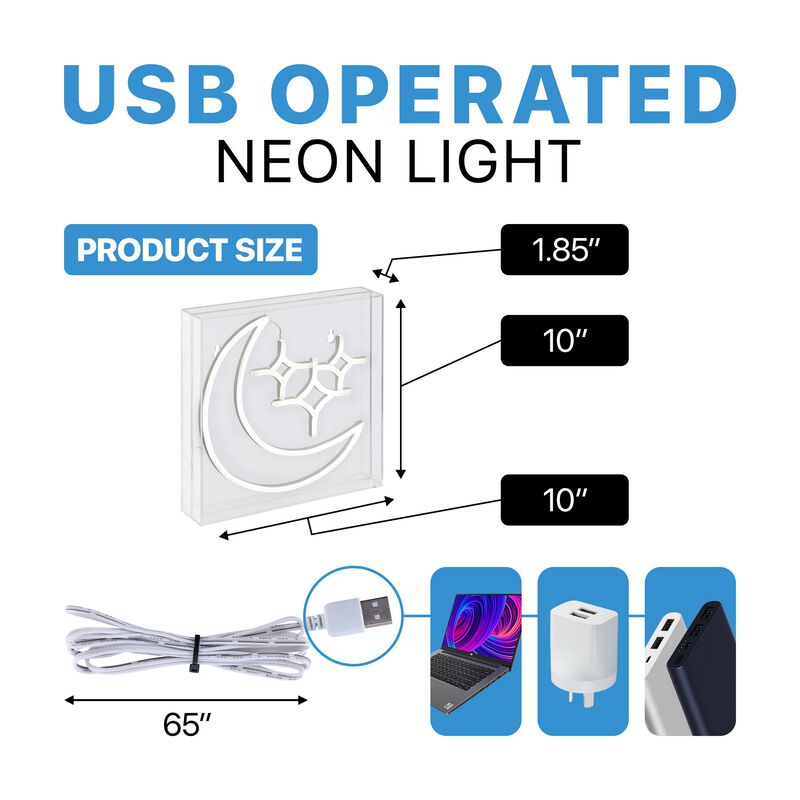 Starry Crescent 10" Square Contemporary Glam Acrylic Box USB Operated LED Neon Light