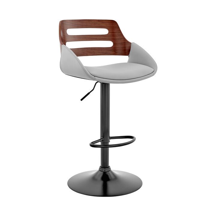 Faux Leather Adjustable Swivel Bar Stool, Walnut and Gray-Benzara