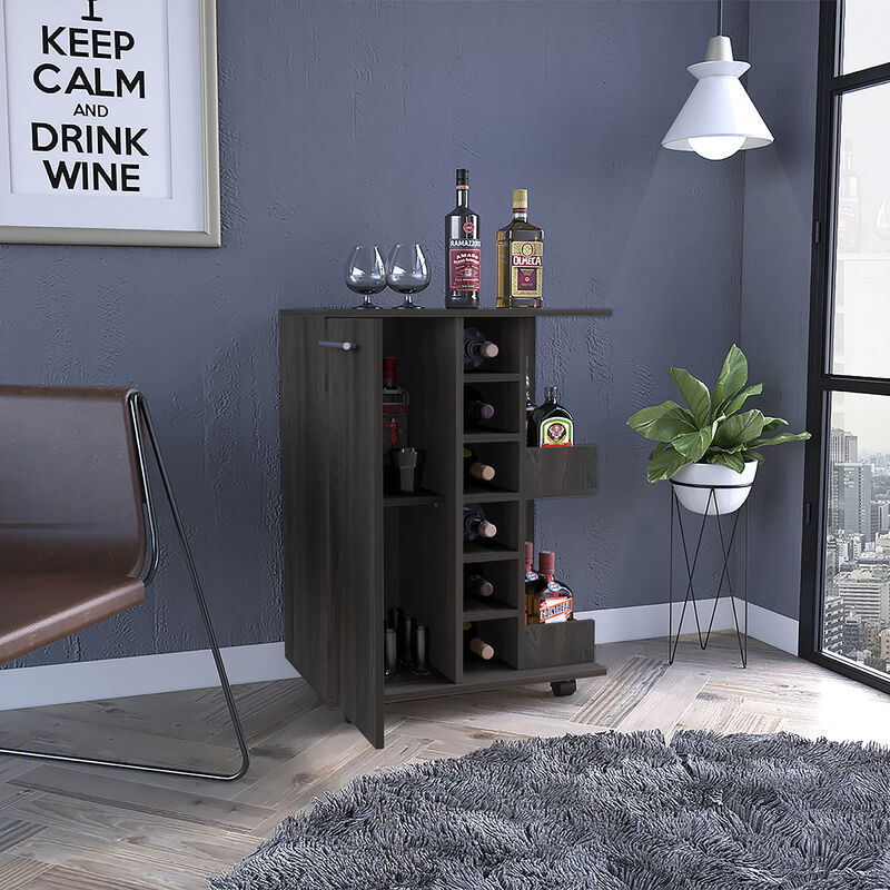 DEPOT E-SHOP Magda Bar Cart, Four Casters, Six Built-in Wine Rack, Single Door Cabinet, Two External Shelves, Carbon Espresso