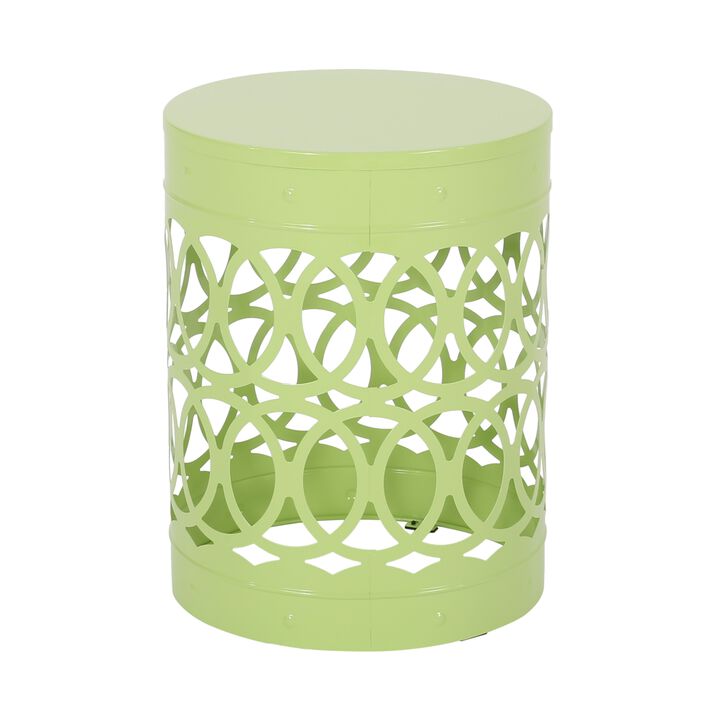 Kemo Outdoor End Table, Round 14 Inch, Cutout Design, Green Iron Frame - Benzara