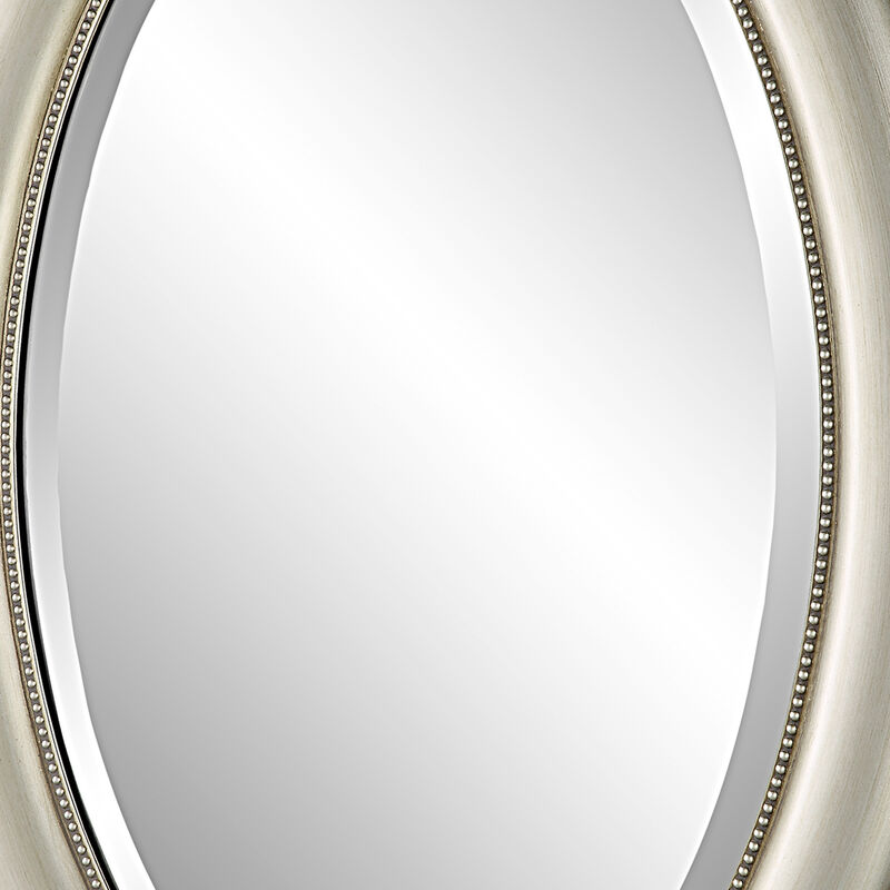 29 Inch Wood Wall Mirror, Beaded Oval Shape, Metallic Silver-Benzara