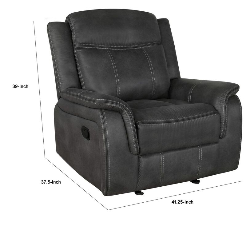Lenard 41 Inch Manual Gliding Recliner, Piped Details, Charcoal Gray, Black-Benzara