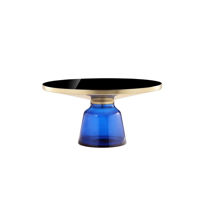 Len 30 Inch Coffee Table, Blue Blown Glass Bell Base, Funnel Top Gold Steel - Benzara