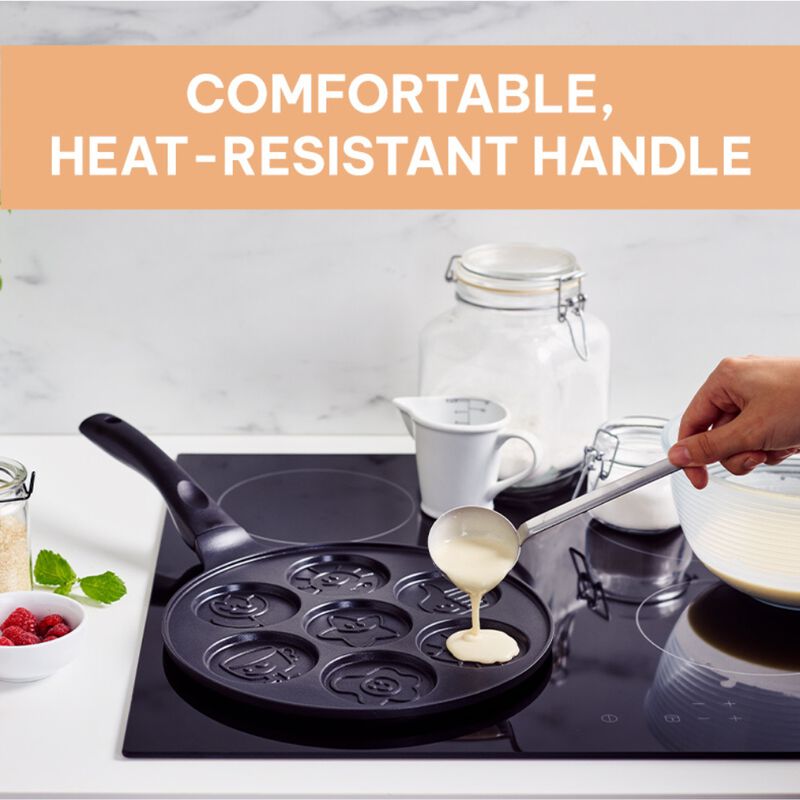 Kitchenfun Blini Nonstick Mini Pancake Maker - Cast Aluminum Non Toxic Crepe Maker, PFAS Free, Non Stick Frying Pans, Cooking Pan Set for 7 Smiley Small Pancakes, Nonstick Pan, Egg Pan, and Flapjacks