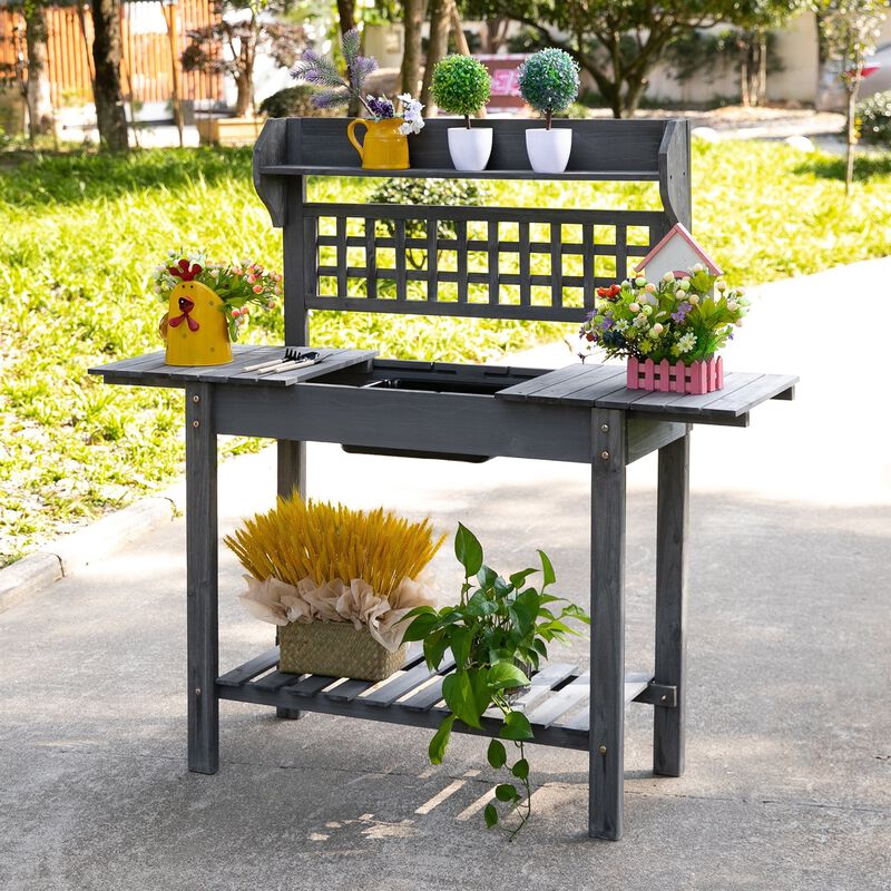 QuikFurn Outdoor Grey Wood Potting Bench Expandable Top with Food Grade Plastic Sink