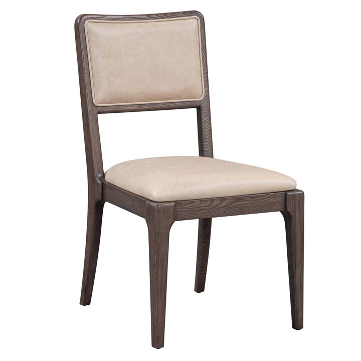 Ese 25 Inch Dinning Chair, Beige Real Leather, Open Style, Brown Solid Wood - Benzara