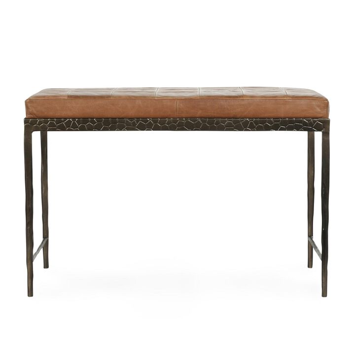 Jora Ottoman Bench, Chestnut Brown Patchwork Leather, Iron 28 Inch - Benzara