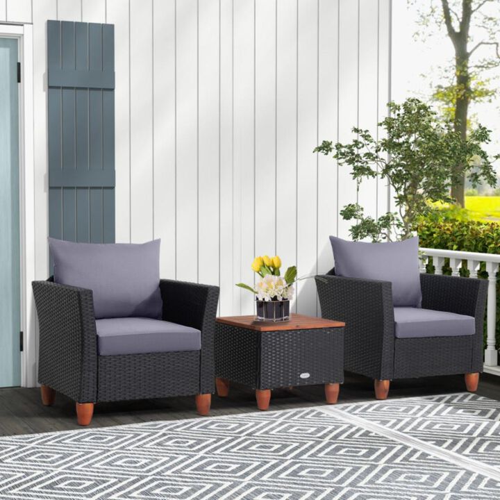 Hivvago 3 Pieces Patio Wicker Furniture Set with Cushions and Acacia Wood Coffee Table Outdoor