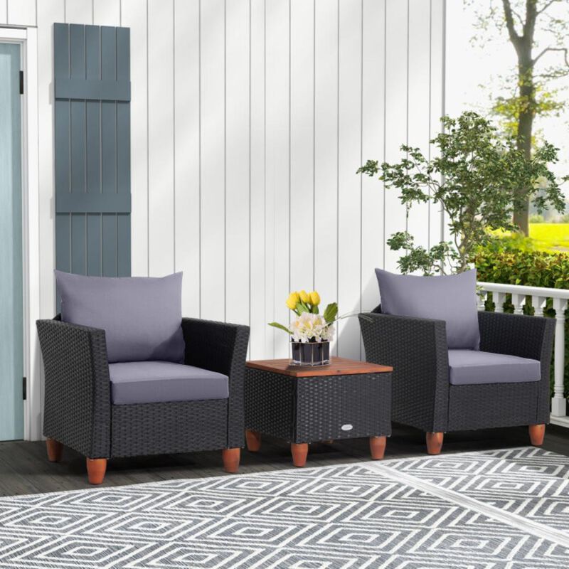 Hivvago 3 Pieces Patio Wicker Furniture Set with Cushions and Acacia Wood Coffee Table Outdoor
