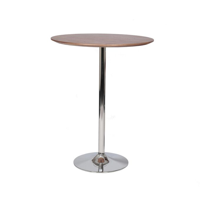 42 Inch High Bar Table, Walnut Brown Round Top, Modern Metal Pedestal Base - Benzara