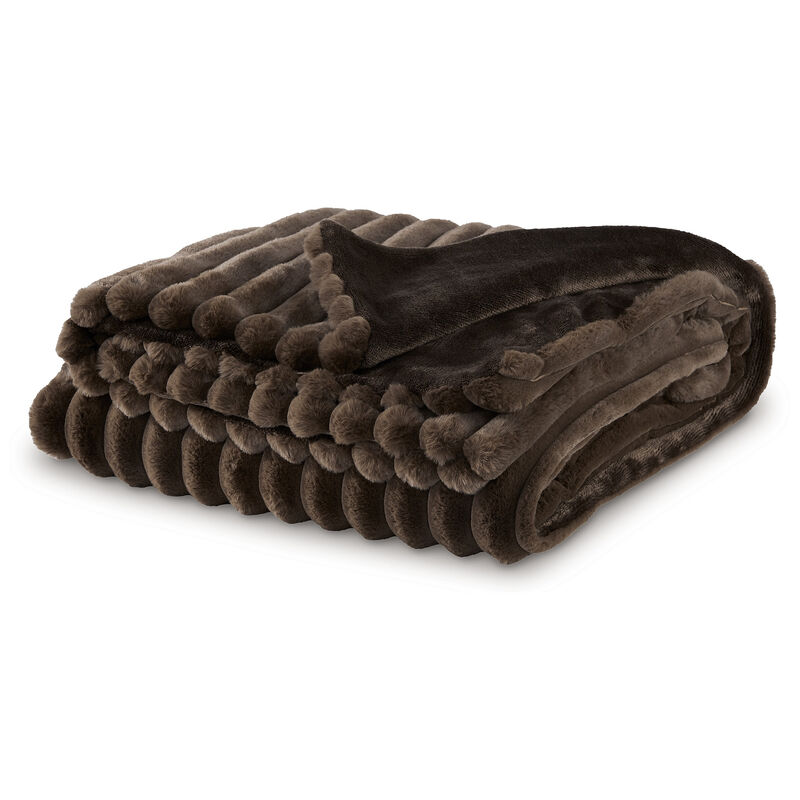 Faux Fur Throw Blanket, 61 Inch Plush Dark Brown Striped Polyester - Benzara