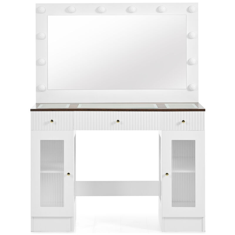 Merax Modern Glass Top Makeup Vanity with Drawers and Power Outlet