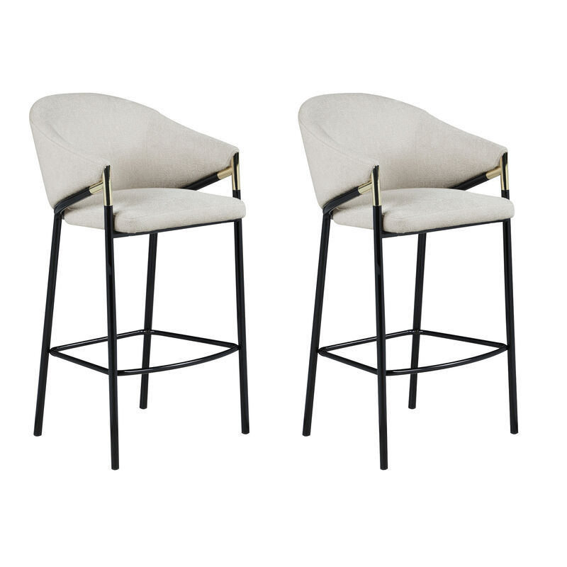 Fil 30 Inch Sloped Arm Barstools, Set of 2, Padded Curved Back, Beige Linen-Benzara