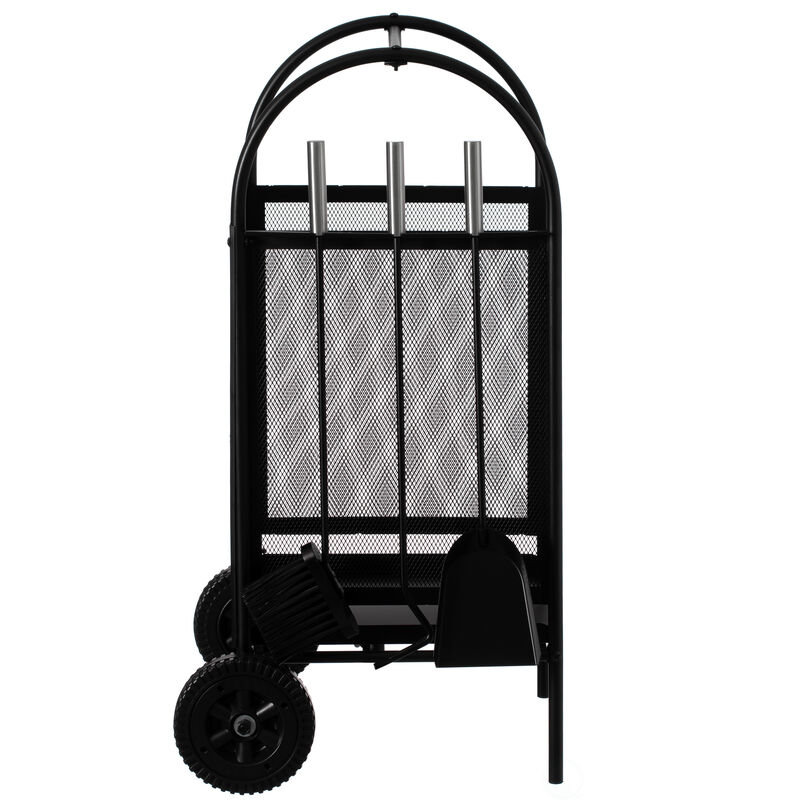 Indoor and Outdoor Patio Iron Firewood Log Cart with Wheels and Fireplace Tool Set, Black