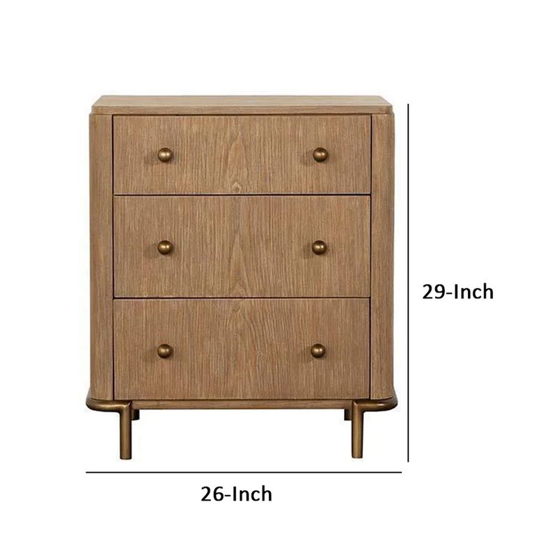 Hiz 29 Inch 3 Drawer Nightstand with Dual USB Ports, Brass Legs, Brown-Benzara