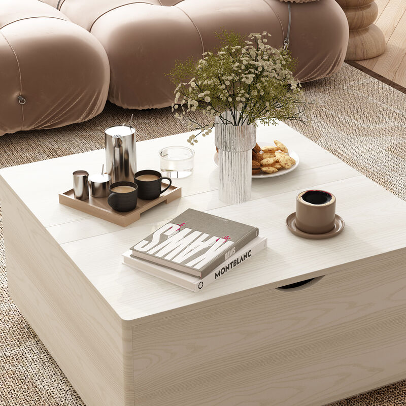 FUFU&GAGA Modern White Wood Grain Round Coffee Table with Lift-up Top and Arc-Shaped Sides (35.4" W x 35.4" D x 18.5" H), White