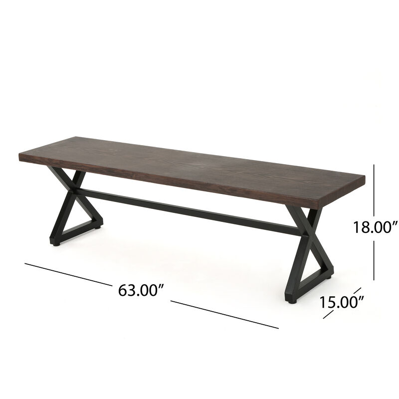 Romita Outdoor Dining Bench, X Legs, Brown Metal, Black Steel, 63 Inch - Benzara