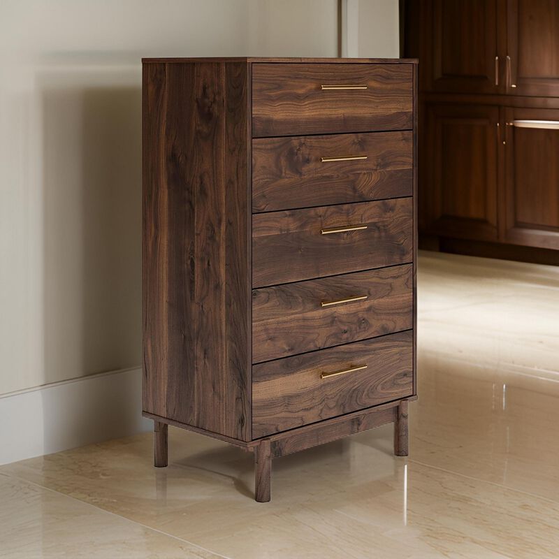 Kip 50 Inch 5 Drawer Modern Tall Dresser Chest, Dark Brown, Gold Handles-Benzara