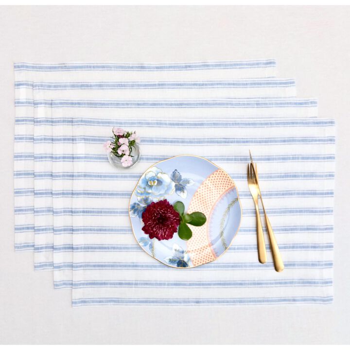 Solino Home 100% Pure Linen Placemats 14 x 19 Inch Set of 4 |Capri Ticking Stripe