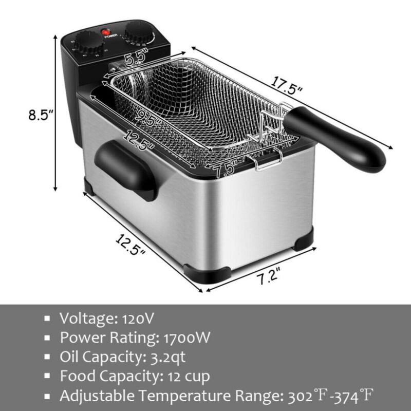 Hivvago 3.2 Quart Electric Stainless Steel Deep Fryer with Timer