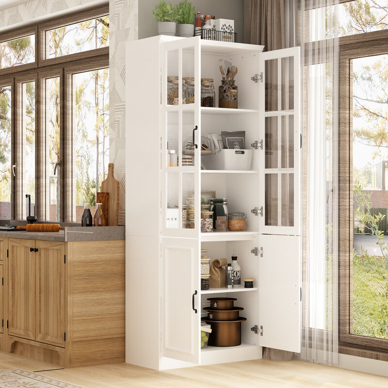 White Wooden MDF ( 31.5 in. W) Sideboard, Accent Storage Cabinet, Food Pantry with 4 Tempered Glass Doors and 5 Shelves