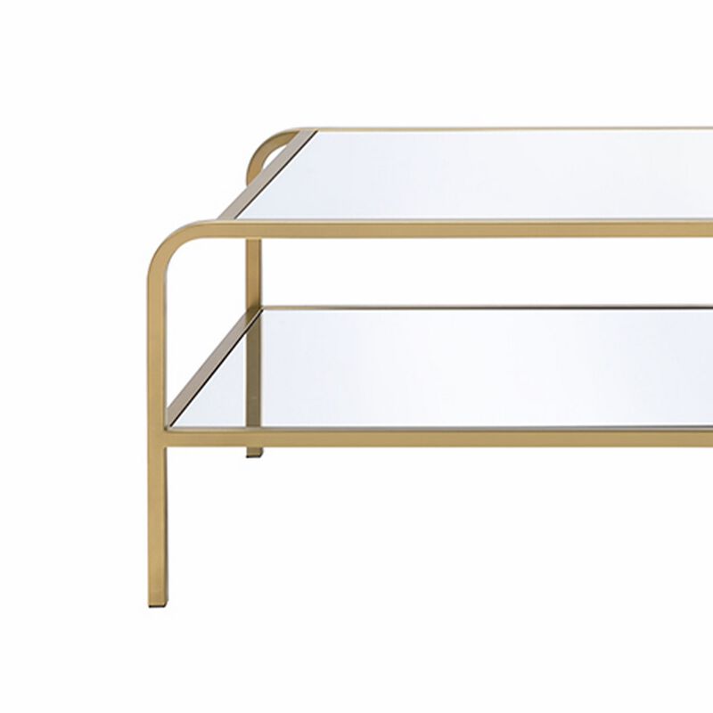 Metal Framed Mirror Coffee Table with Tiered Shelves, Gold and Mirror-Benzara