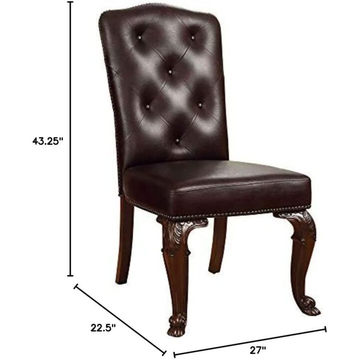 Traditional Formal Set of 2 Side Chairs Brown Cherry Solid wood Chair Padded Leatherette Tufted Upholstered Kitchen Dining Room Furniture