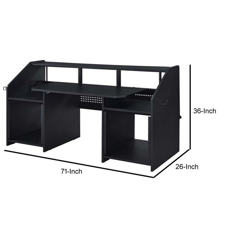 71 Inch Wood Music Studio Desk, Keyboard Tray, Monitor Top, Black-Benzara