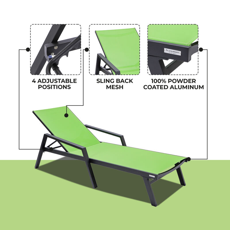 LeisureMod Marlin Patio Chaise Lounge Chair with Armrests – Black Aluminum Frame & Navy Blue Mesh for Outdoor Comfort
