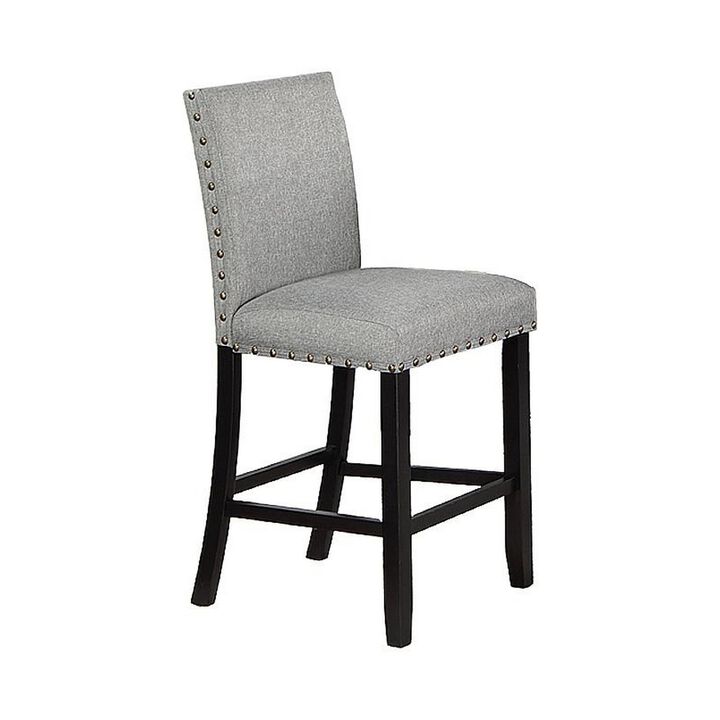 Sie 24 Inch Counter Height Chair, Nailhead Trim, Gray Fabric, Black Wood - Benzara