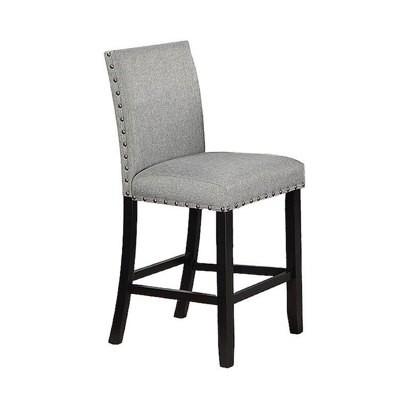 Sie 24 Inch Counter Height Chair, Nailhead Trim, Gray Fabric, Black Wood - Benzara