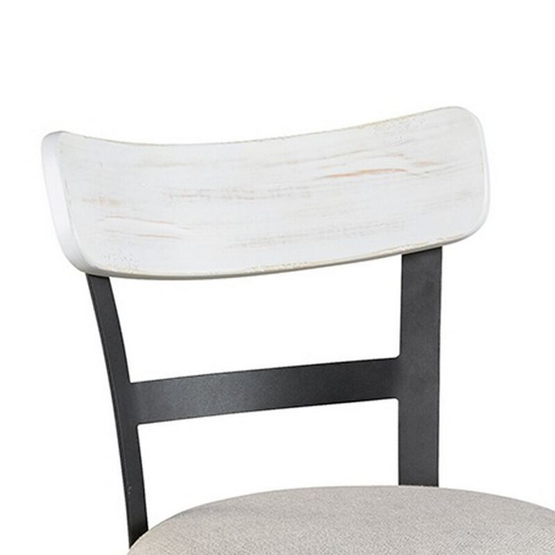 Zane 25 Inch Swivel Counter Height Stool, Round Cushioned Seat, White Wood - Benzara