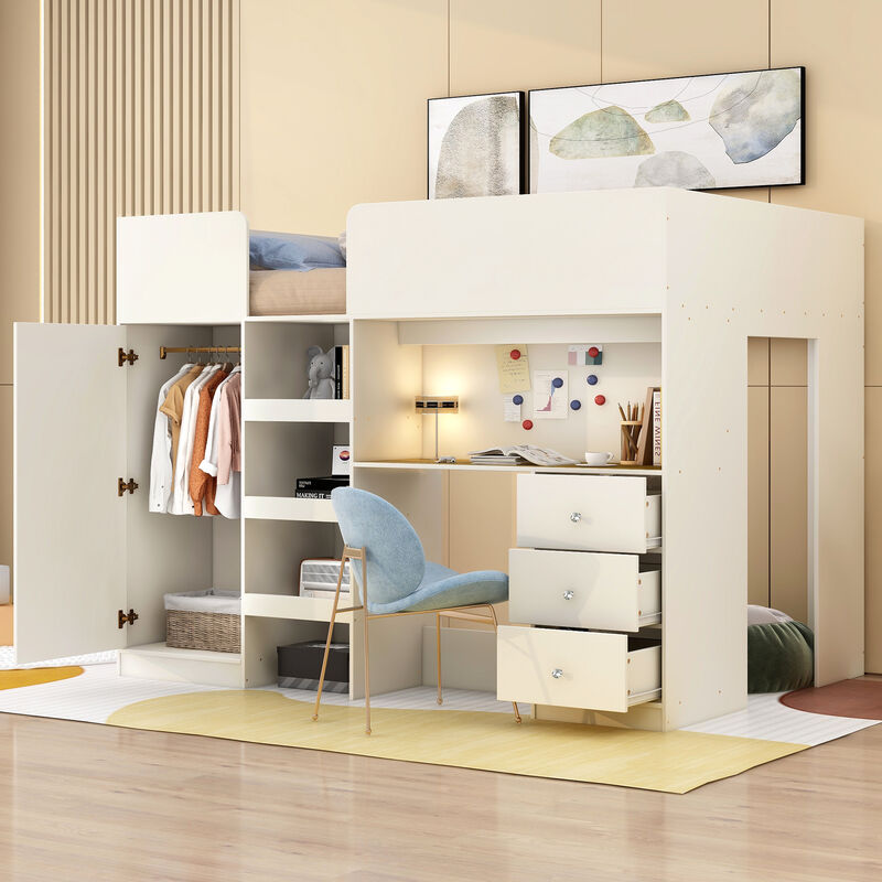 Merax Loft Bed with Wardrobe and Desk