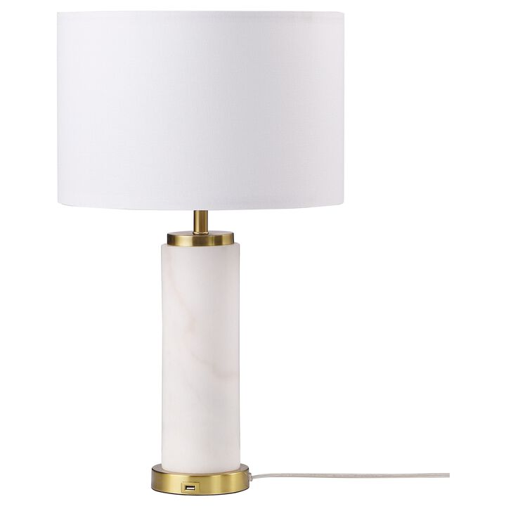 25 Inch Table Lamp, White Fabric Drum Shade, Modern Gold Metal Round Base - Benzara