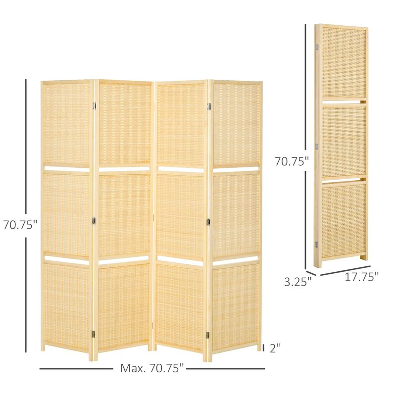 Natural Wood Divider: 4-Panel Bamboo Room Screen with Display Shelves