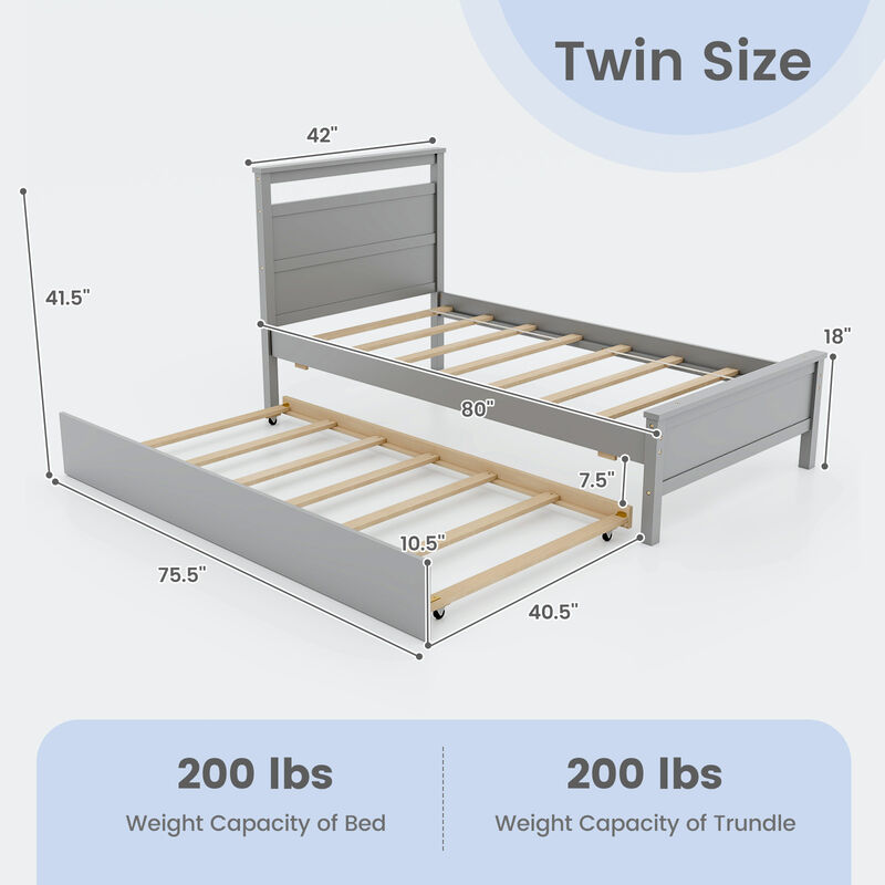 Twin Size Wooden Bed Frame with Trundle for Teens and Adults