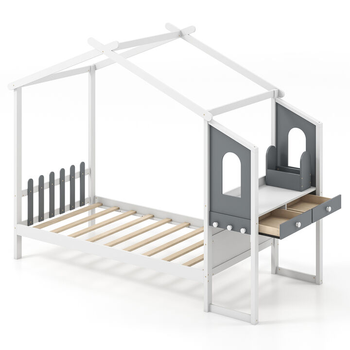 Kids Bed Frame with House Roof Canopy and Fence – Playful and Cozy Design Kids Bed Frame with House Roof Canopy and Fence – Playful and Cozy Design
