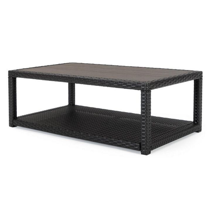 Coco 46 Inch Modern Patio Coffee Table with Shelf, Wicker Frame, Espresso-Benzara