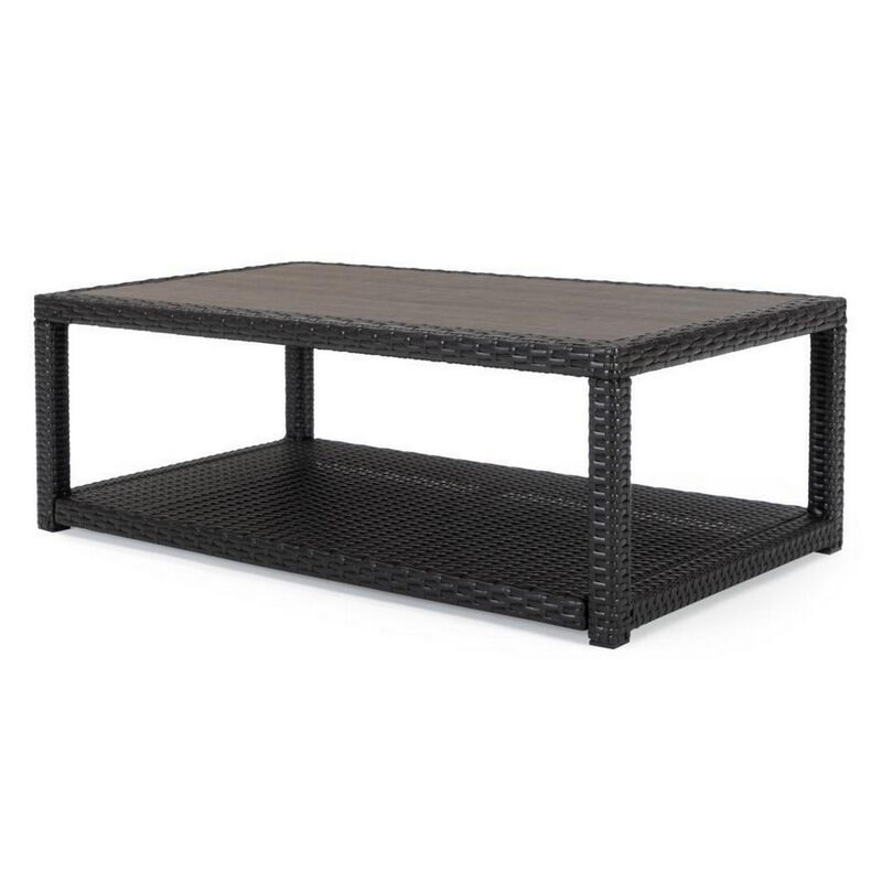 Coco 46 Inch Modern Patio Coffee Table with Shelf, Wicker Frame, Espresso-Benzara