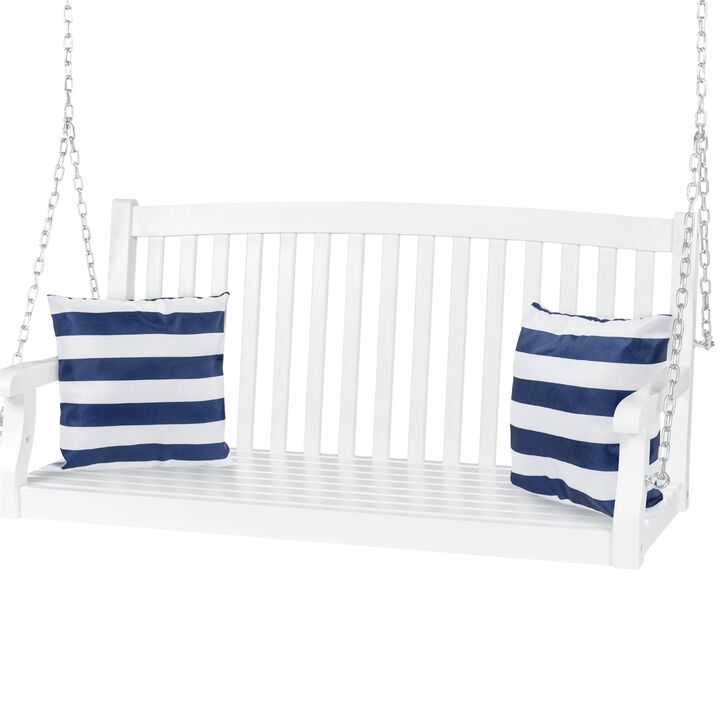 Hivvago White Acacia Wooden Curved Back Hanging Porch Swing Bench with Mounting Chains