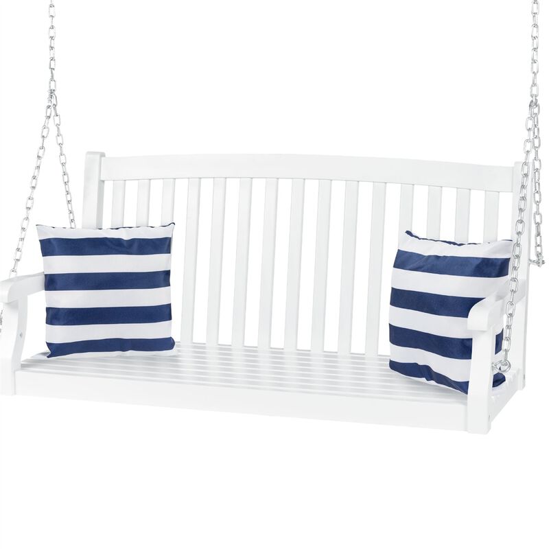 Hivvago White Acacia Wooden Curved Back Hanging Porch Swing Bench with Mounting Chains