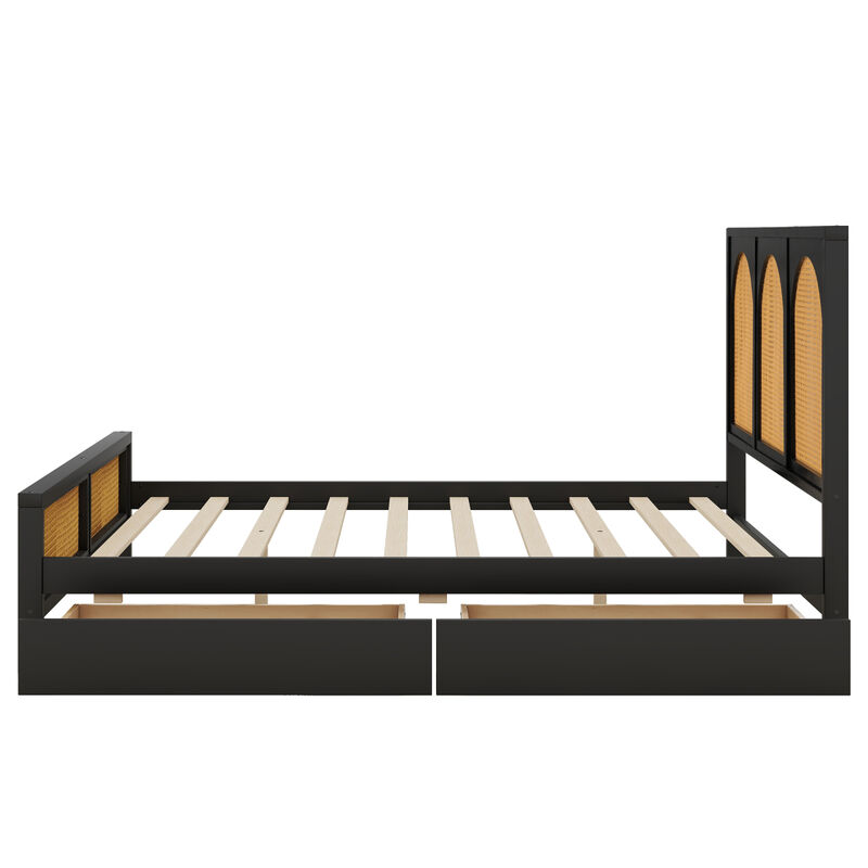 Queen Size Wood Storage Platform Bed With 2 Drawers, Rattan Headboard And Footboard