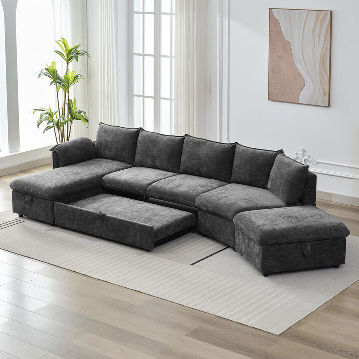 146.9" L-shaped Sofa Sectional Sofa Couch Pull-out Sofa Bed with a Movable Storage Ottoman, a Storage Chaise Lounge and Two USB Ports for Living Room, Beige
