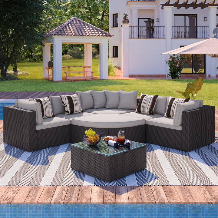 Whisen Outdoor Wicker Sofa Set, Rattan Sofa Lounger, With Striped Green Pillows, Conversation Sofa - Gray
