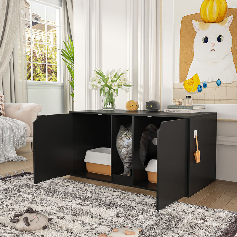 Cat Litter Box Enclosure for 2 Cats, Modern Wood Stackable Large Cat Washroom Cabinet Bench End Table Furniture, Black