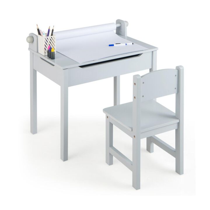 Hivvago Wooden Kids Table and Chair Set with Storage and Paper Roll Holder